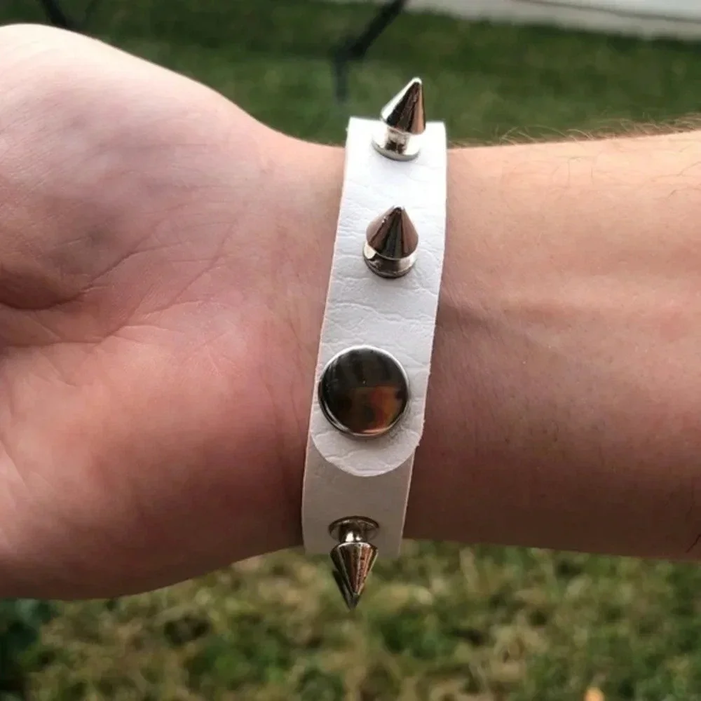 White Leather Punk Goth Spike Rock Metal Stud Snap Cuff Bracelet NWT